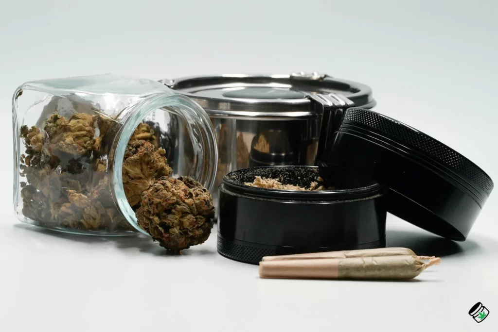 Grinder 4 pièces ouvert à côté d'un bocal de fleurs séchées
